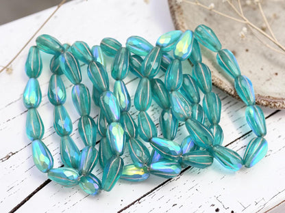 Czech Glass Faceted Tear Drop Beads - Silver Washed Matte Teal Aqua AB - 15x8mm - 10pcs - (255)