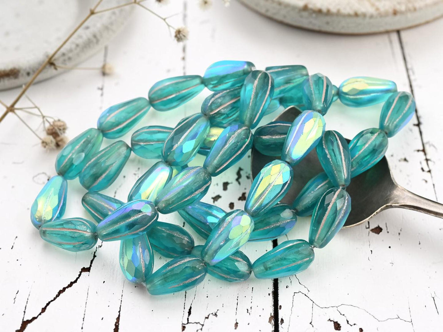 Czech Glass Faceted Tear Drop Beads - Silver Washed Matte Teal Aqua AB - 15x8mm - 10pcs - (255)