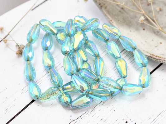 Czech Glass Faceted Tear Drop Beads - Gold Washed Aqua AB - 15x8mm - 10pcs - (565)
