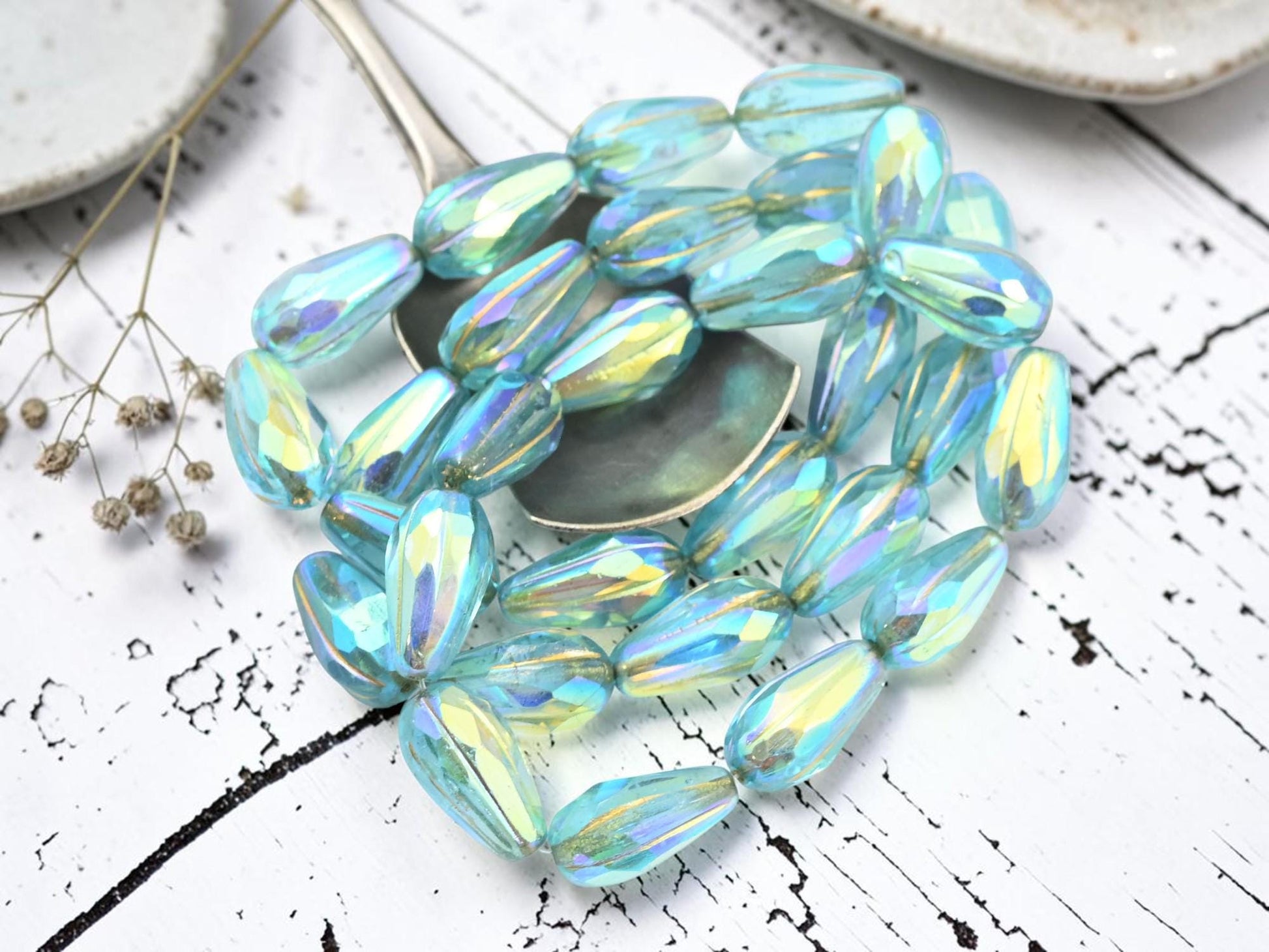 Czech Glass Faceted Tear Drop Beads - Gold Washed Aqua AB - 15x8mm - 10pcs - (565)