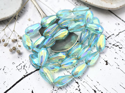 Czech Glass Faceted Tear Drop Beads - Gold Washed Aqua AB - 15x8mm - 10pcs - (565)