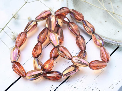 Czech Glass Faceted Tear Drop Beads - Copper Washed Orange Topaz - 15x8mm - 10pcs - (436)