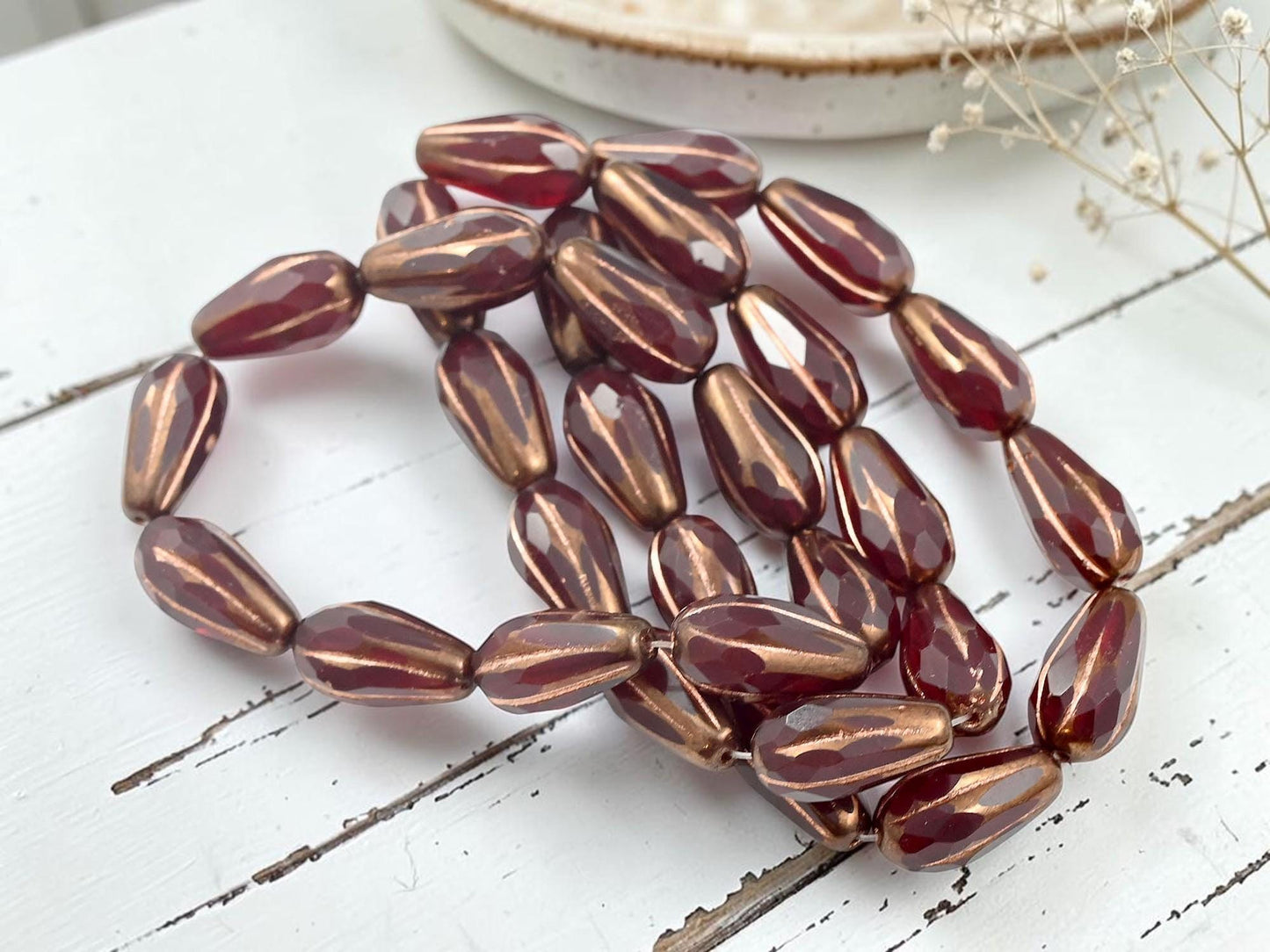 Czech Glass Faceted Tear Drop Beads - Copper Washed Ruby Red - 15x8mm - 10pcs - (324)