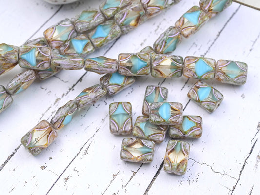 Czech Glass Diamond Rectangle Picasso Beads - Blue Silk Crystal Silver Travertine - 12x8mm - 8pcs - (2137)