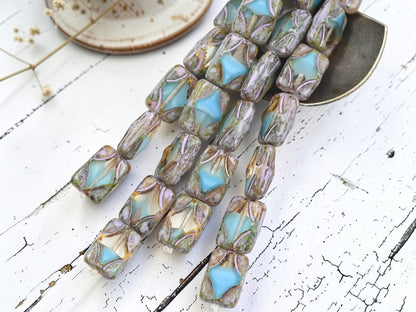 Czech Glass Diamond Rectangle Picasso Beads - Blue Silk Crystal Silver Travertine - 12x8mm - 8pcs - (2137)