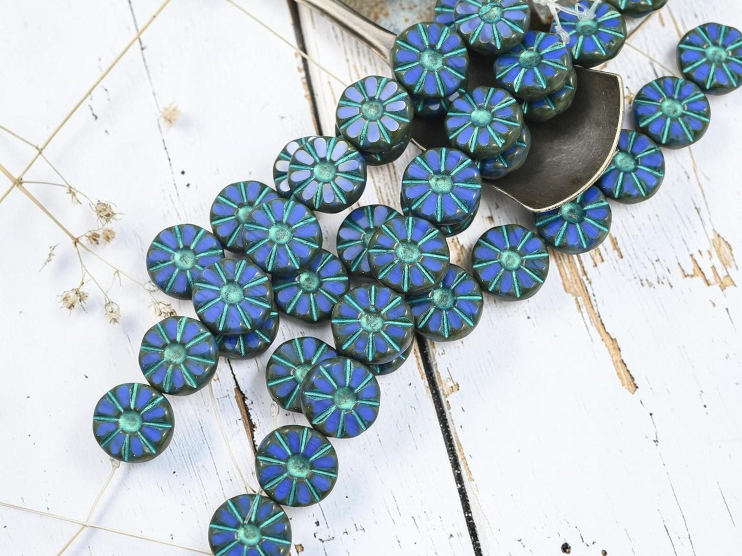 Czech Glass Table Cut Flat Coin Daisy Flower Beads - Turquoise Washed Blue - 12mm - 8pcs (2466)