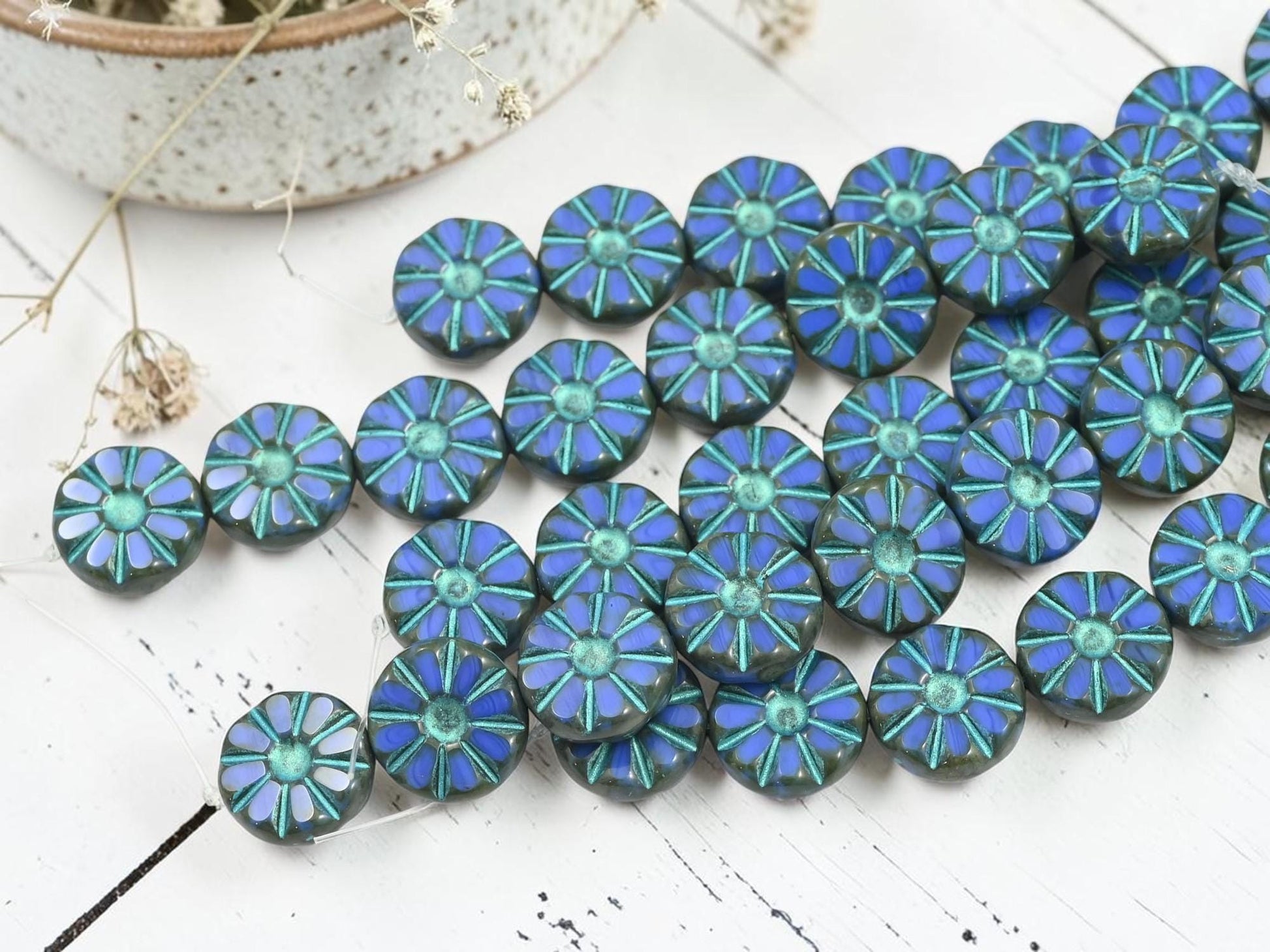 Czech Glass Table Cut Flat Coin Daisy Flower Beads - Turquoise Washed Blue - 12mm - 8pcs (2466)