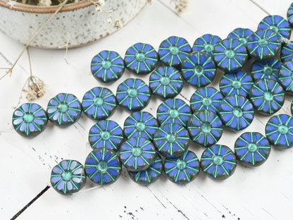 Czech Glass Table Cut Flat Coin Daisy Flower Beads - Turquoise Washed Blue - 12mm - 8pcs (2466)