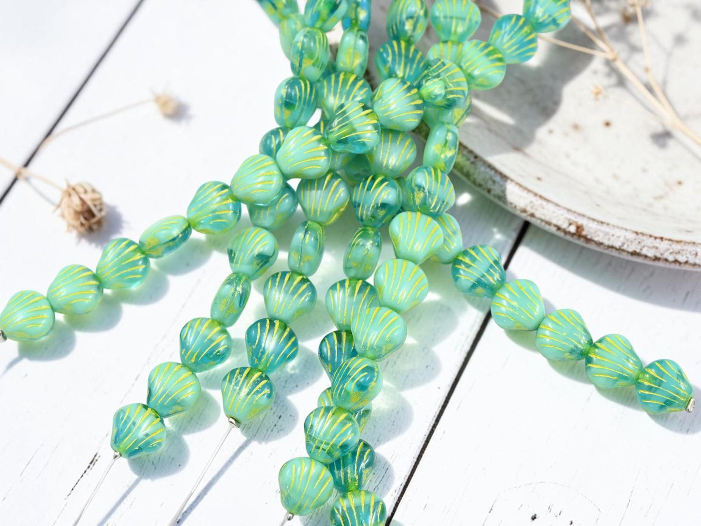 Czech Glass Sea Shell Beads - Blended Aqua Turquoise - 9mm - 15pcs - (3531)