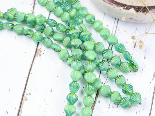 Czech Glass Sea Shell Beads - Blended Aqua Turquoise - 9mm - 15pcs - (3531)