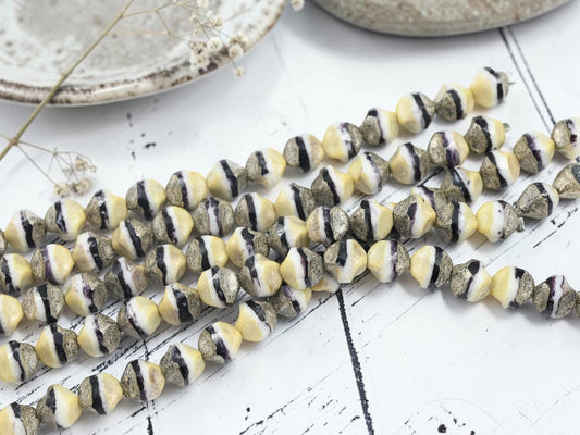 Czech Glass Central Cut Round Baroque Beads - Antique Silver Washed Black + Cream - 9mm - 16pcs - (6097)