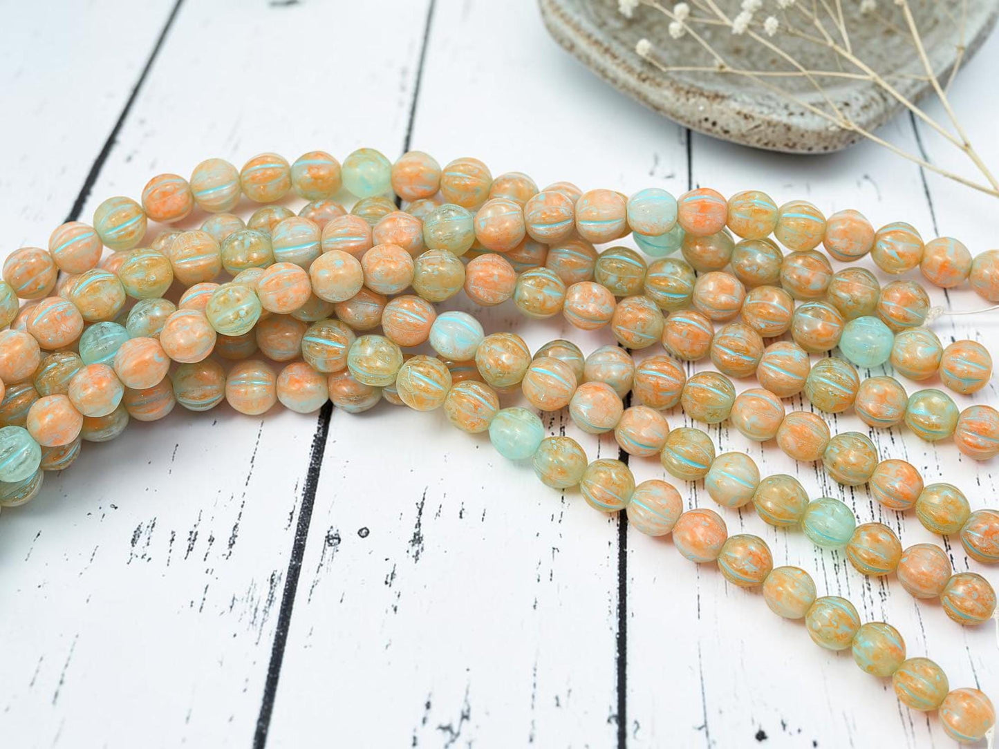 Czech Glass 6mm Round Melon Beads - Turquoise Washed Blended Tangerine + Blue - 25pcs - (2619)