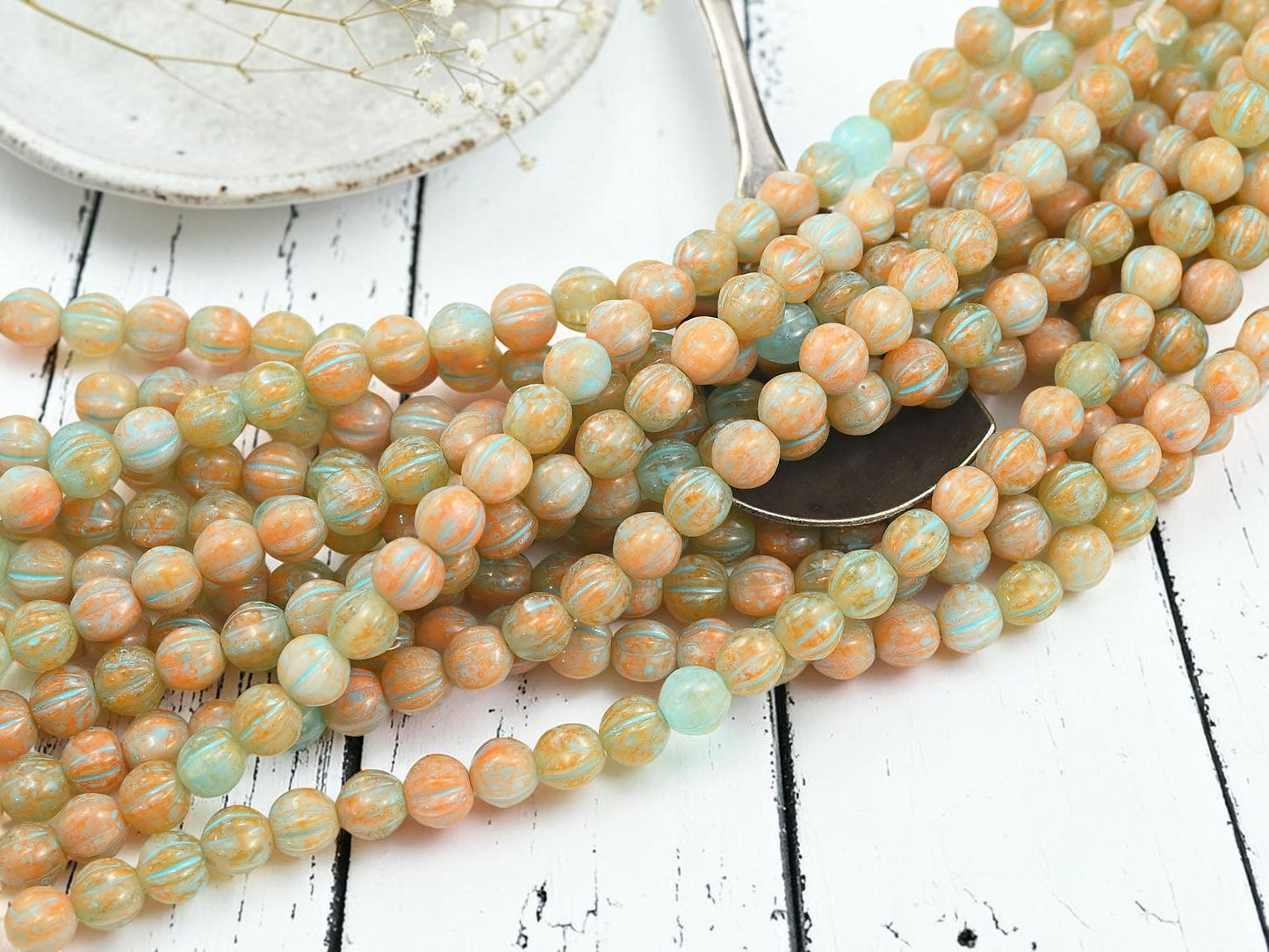 Czech Glass 6mm Round Melon Beads - Turquoise Washed Blended Tangerine + Blue - 25pcs - (2619)