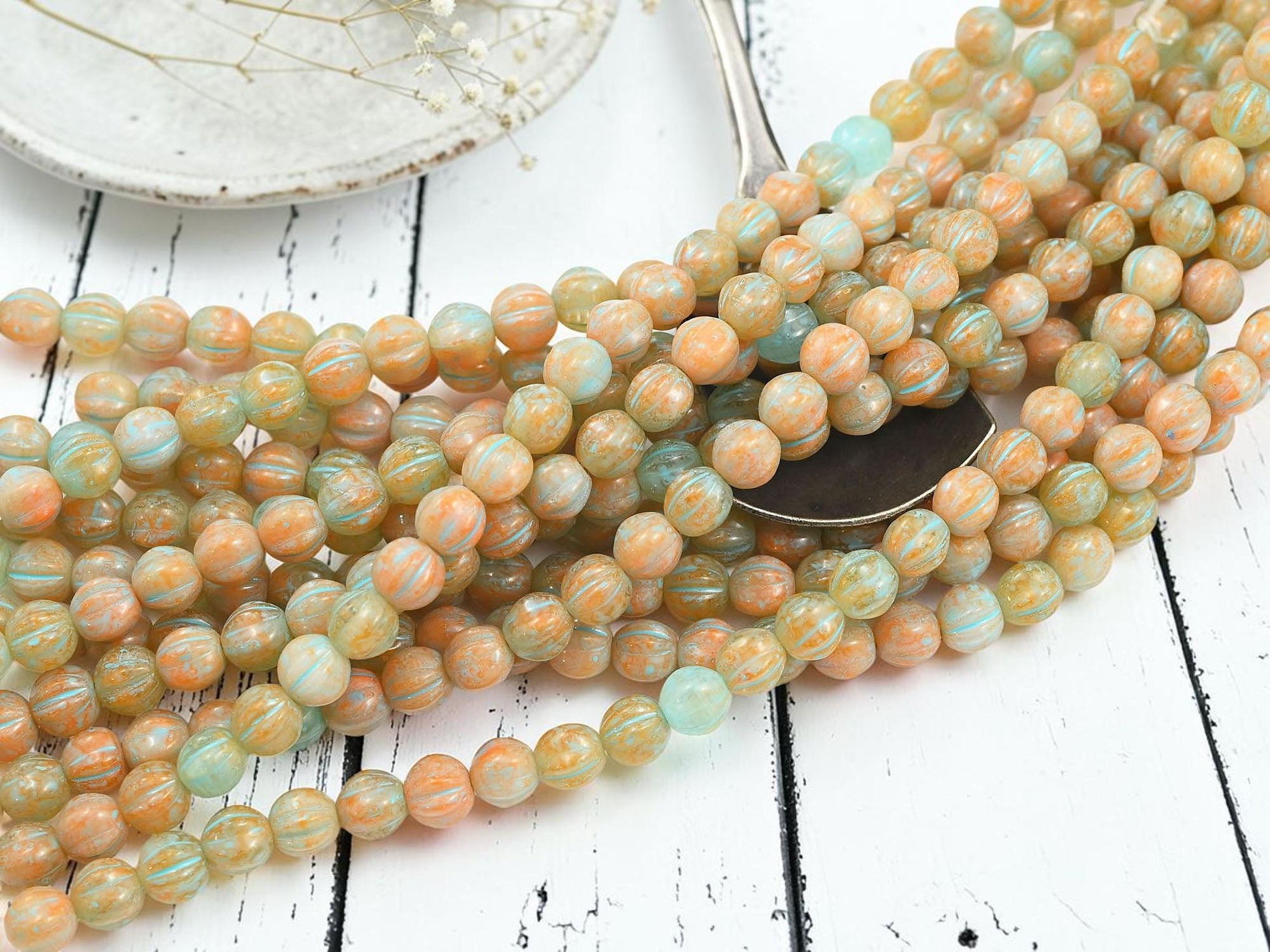Czech Glass 6mm Round Melon Beads - Turquoise Washed Blended Tangerine + Blue - 25pcs - (2619)