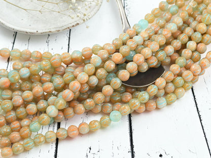 Czech Glass 6mm Round Melon Beads - Turquoise Washed Blended Tangerine + Blue - 25pcs - (2619)