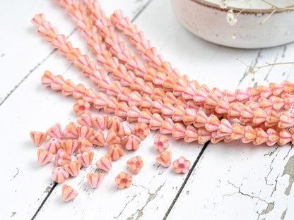 Czech Glass Small Bell Flower Beads - Pink Washed Blended Pink + White - 4x6mm - 30pcs - (3666)