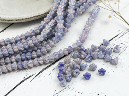 Czech Glass Small Bell Flower Beads - Purple Luster Washed Blended Blue + White - 4x6mm - 30pcs - (B190)