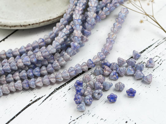 Czech Glass Small Bell Flower Beads - Purple Luster Washed Blended Blue + White - 4x6mm - 30pcs - (B190)