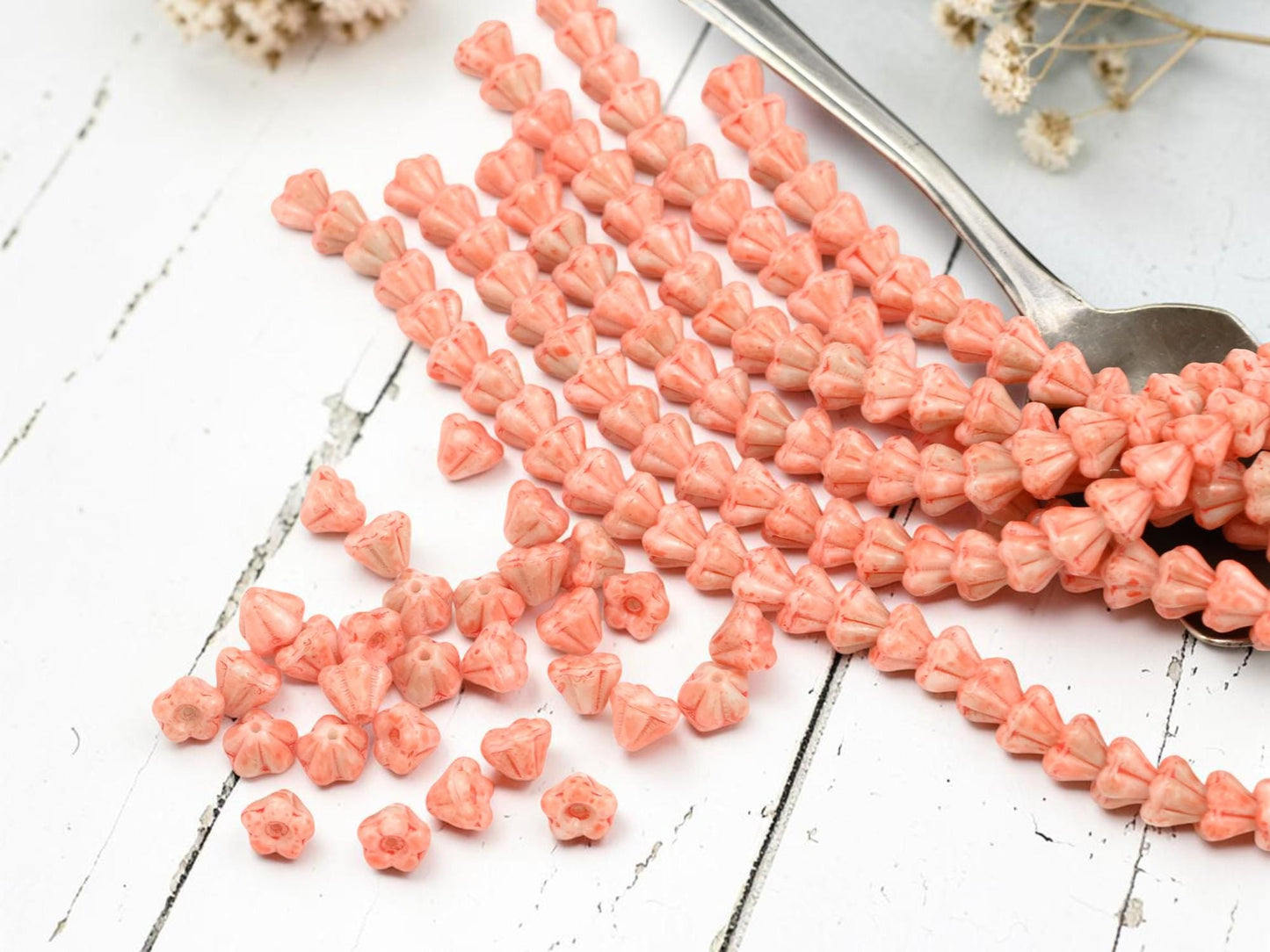 Czech Glass Small Bell Flower Beads - Coral Washed Blended Pink + White - 4x6mm - 30pcs - (B678)