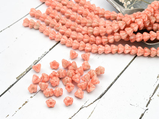 Czech Glass Small Bell Flower Beads - Coral Washed Blended Pink + White - 4x6mm - 30pcs - (B678)