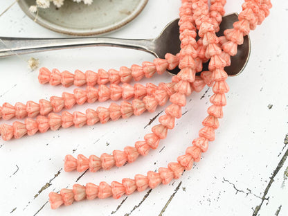 Czech Glass Small Bell Flower Beads - Coral Washed Blended Pink + White - 4x6mm - 30pcs - (B678)
