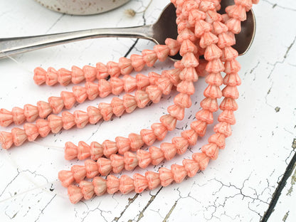 Czech Glass Small Bell Flower Beads - Coral Washed Blended Pink + White - 4x6mm - 30pcs - (B678)
