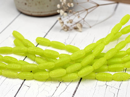 Old Stock Czech Pressed Glass Tribal Design Oval Beads - Chartreuse - 16x7mm - 12pcs Full Strand - (A309)