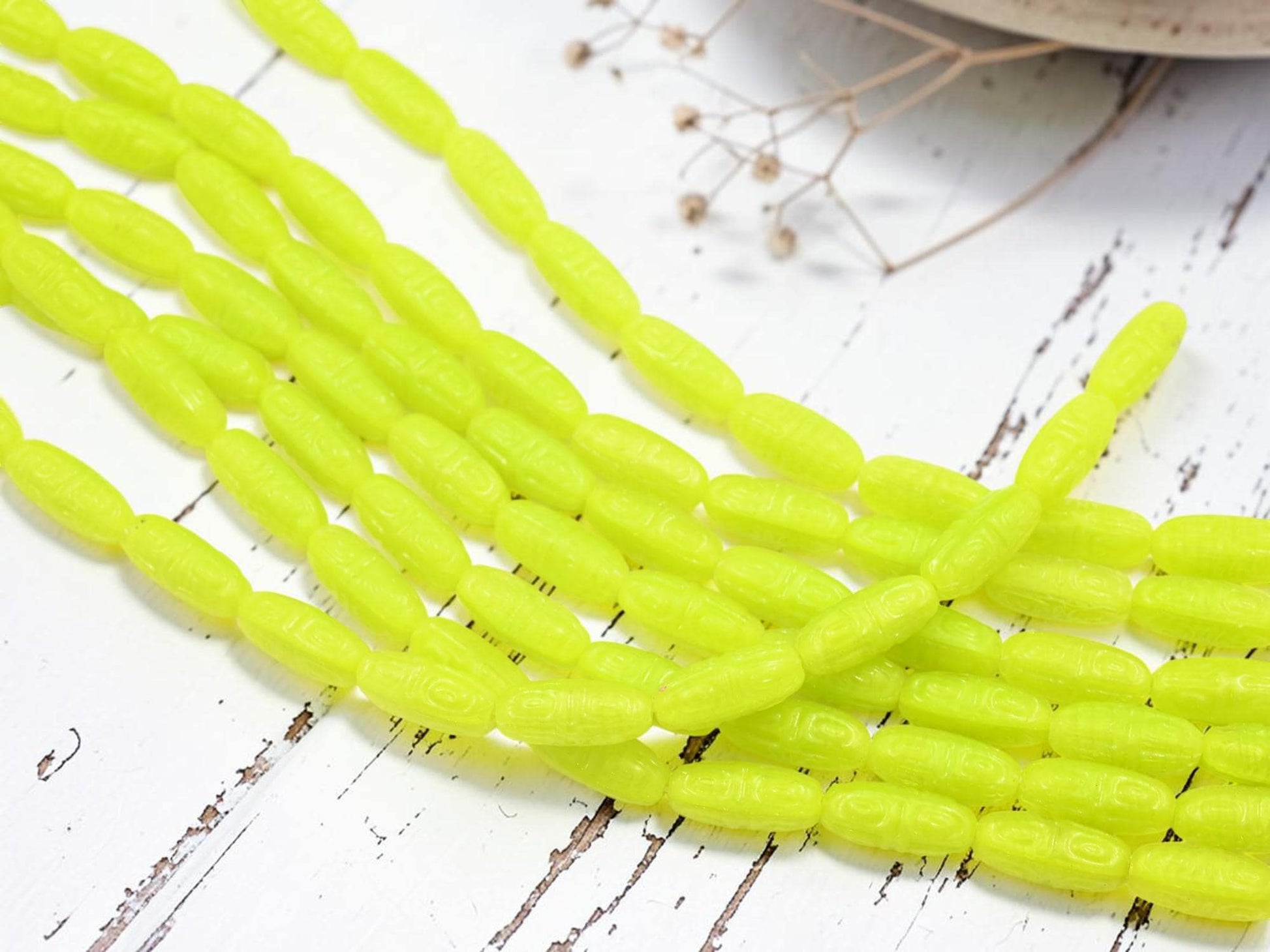 Old Stock Czech Pressed Glass Tribal Design Oval Beads - Chartreuse - 16x7mm - 12pcs Full Strand - (A309)