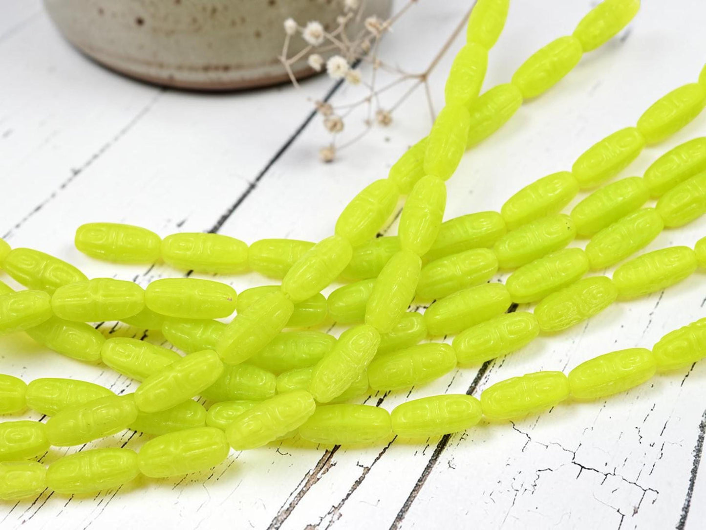 Old Stock Czech Pressed Glass Tribal Design Oval Beads - Chartreuse - 16x7mm - 12pcs Full Strand - (A309)