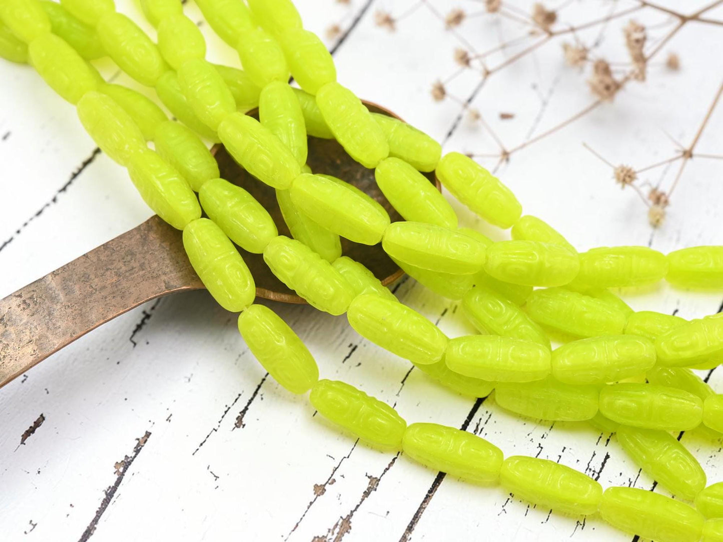 Old Stock Czech Pressed Glass Tribal Design Oval Beads - Chartreuse - 16x7mm - 12pcs Full Strand - (A309)