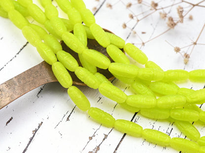 Old Stock Czech Pressed Glass Tribal Design Oval Beads - Chartreuse - 16x7mm - 12pcs Full Strand - (A309)