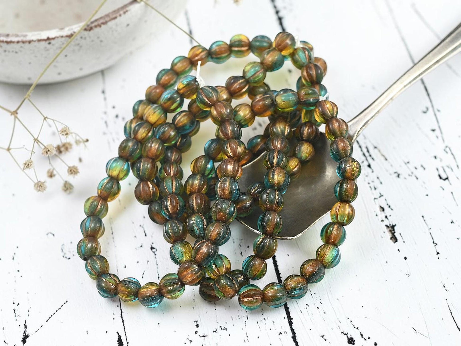 Czech Glass Large Hole Round Melon Beads - Copper Washed Teal Topaz Mix - 6mm - 25pcs - (3427)
