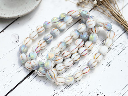 Czech Glass Round Melon Beads - Metallic Volcano Washed Matte White AB - 8mm - 20pcs - (A440)