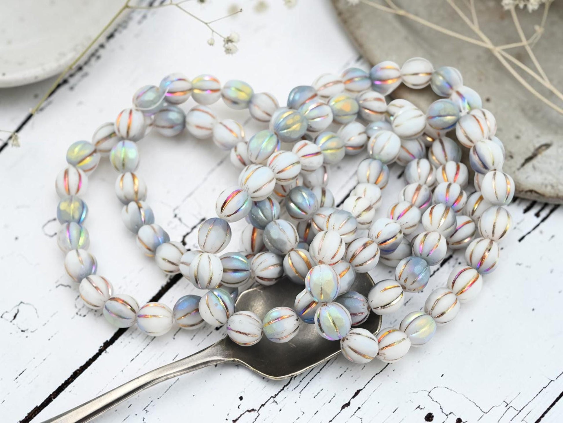 Czech Glass Round Melon Beads - Metallic Volcano Washed Matte White AB - 8mm - 20pcs - (A440)