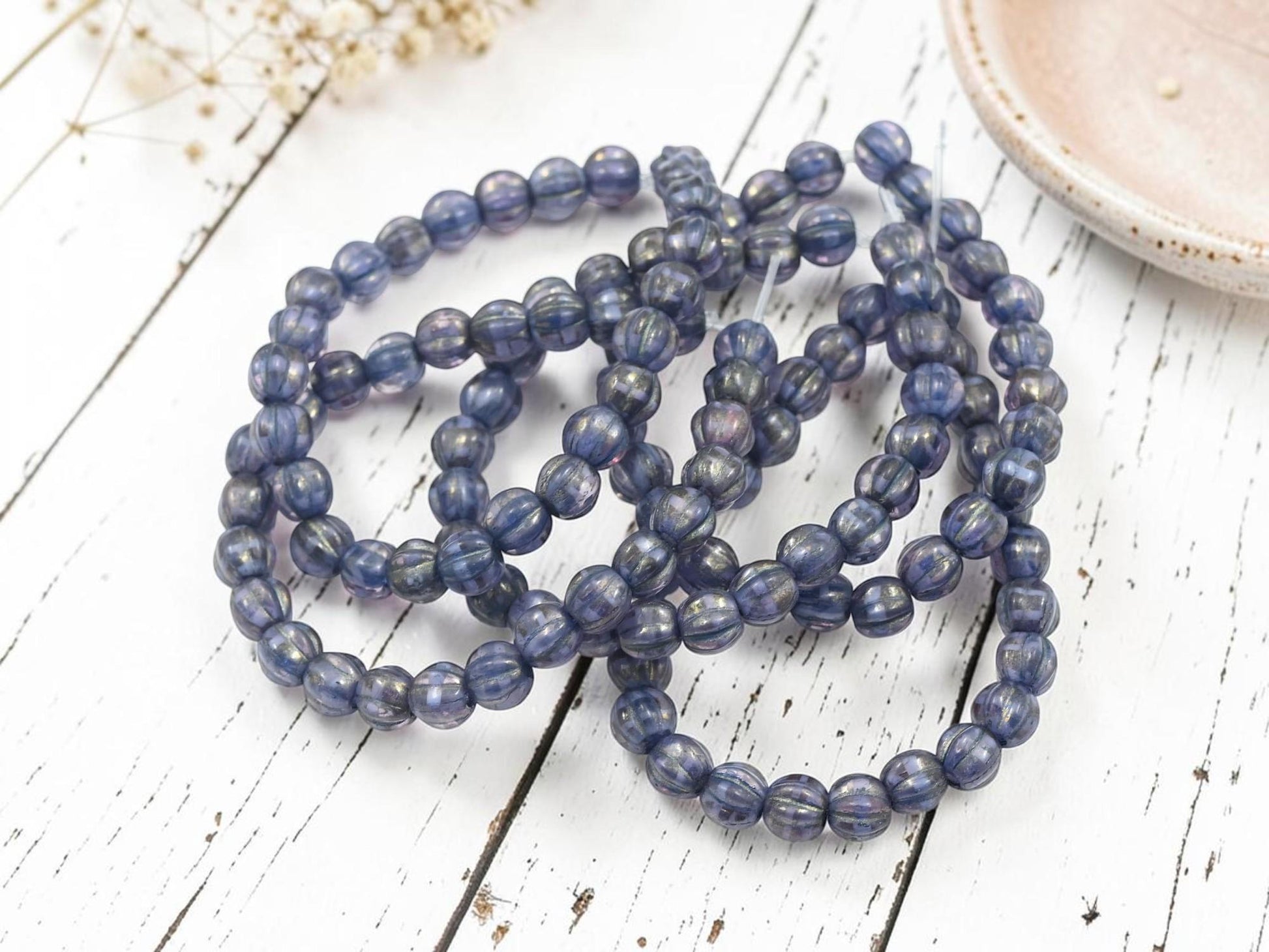 Czech Glass Large Hole Round Melon Beads - Purple Washed Golden Grape - 6mm - 25pcs - (1758)