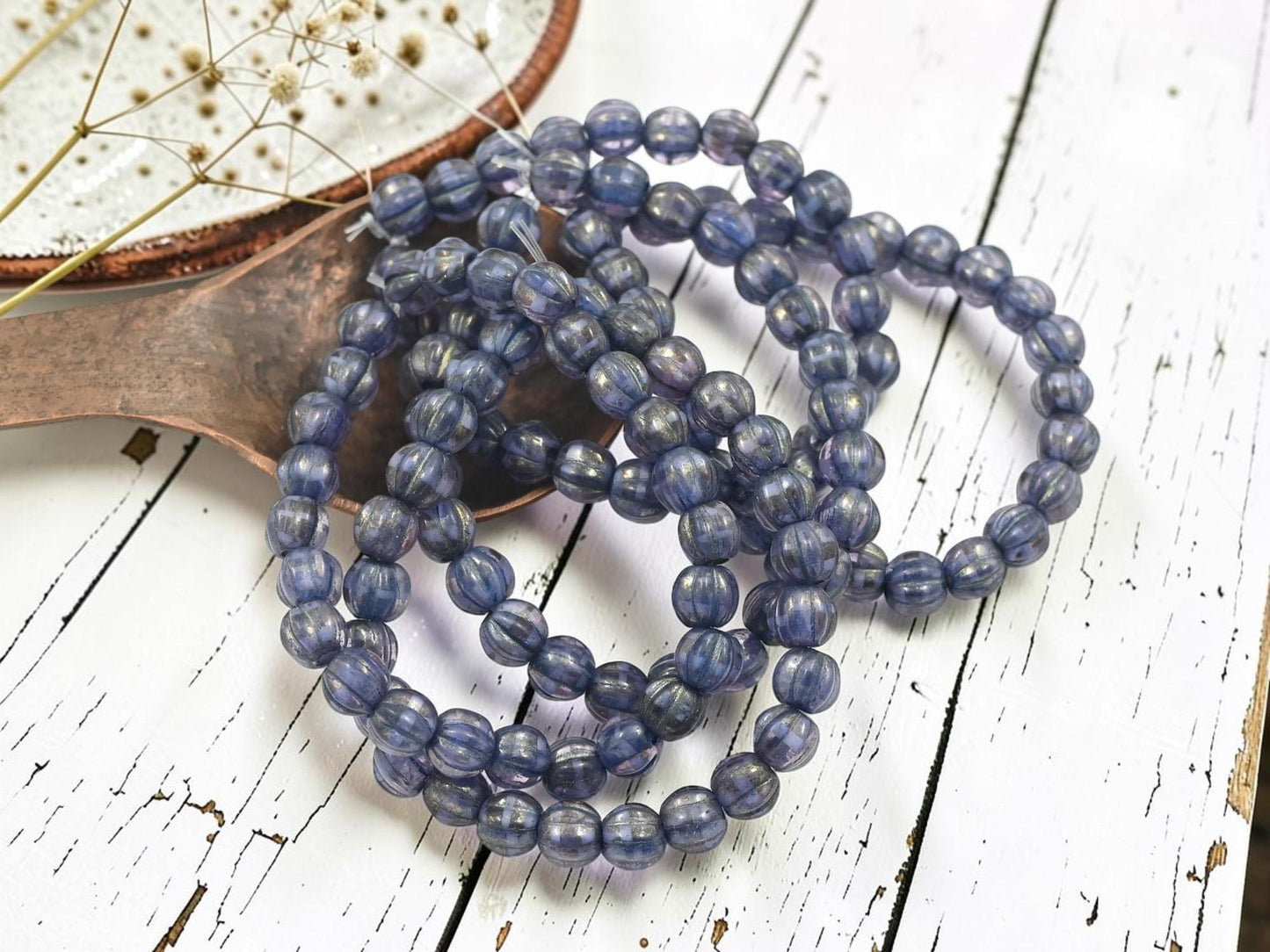 Czech Glass Large Hole Round Melon Beads - Purple Washed Golden Grape - 6mm - 25pcs - (1758)