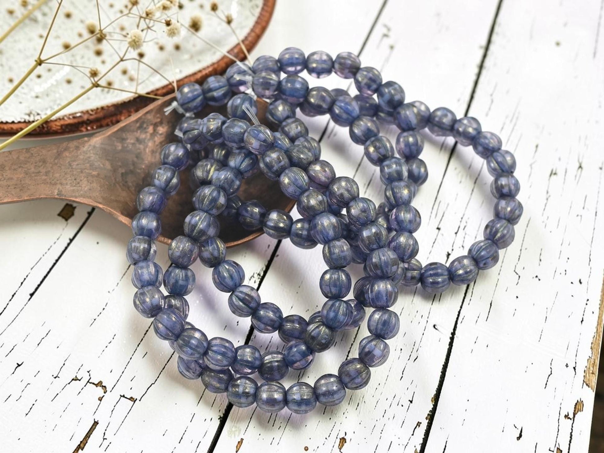 Czech Glass Large Hole Round Melon Beads - Purple Washed Golden Grape - 6mm - 25pcs - (1758)