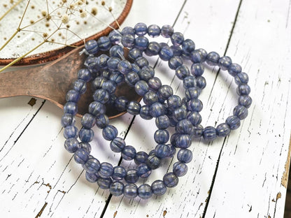 Czech Glass Large Hole Round Melon Beads - Purple Washed Golden Grape - 6mm - 25pcs - (1758)