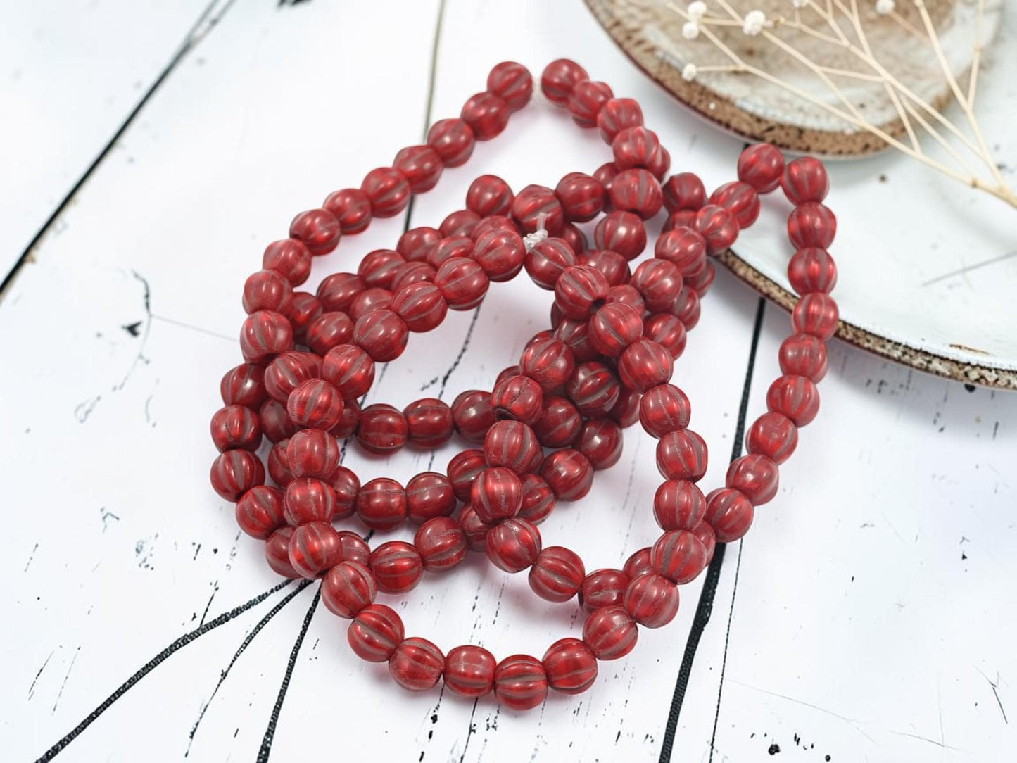 Czech Glass Large Hole Round Melon Beads - Bronze Washed Varigated Red - 6mm - 25pcs - (967)