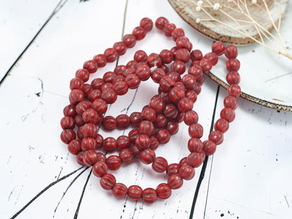 Czech Glass Large Hole Round Melon Beads - Bronze Washed Varigated Red - 6mm - 25pcs - (967)