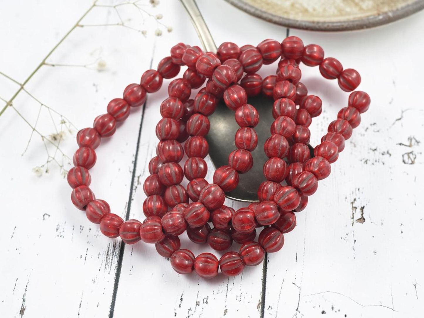Czech Glass Large Hole Round Melon Beads - Bronze Washed Varigated Red - 6mm - 25pcs - (967)
