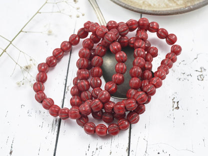 Czech Glass Large Hole Round Melon Beads - Bronze Washed Varigated Red - 6mm - 25pcs - (967)