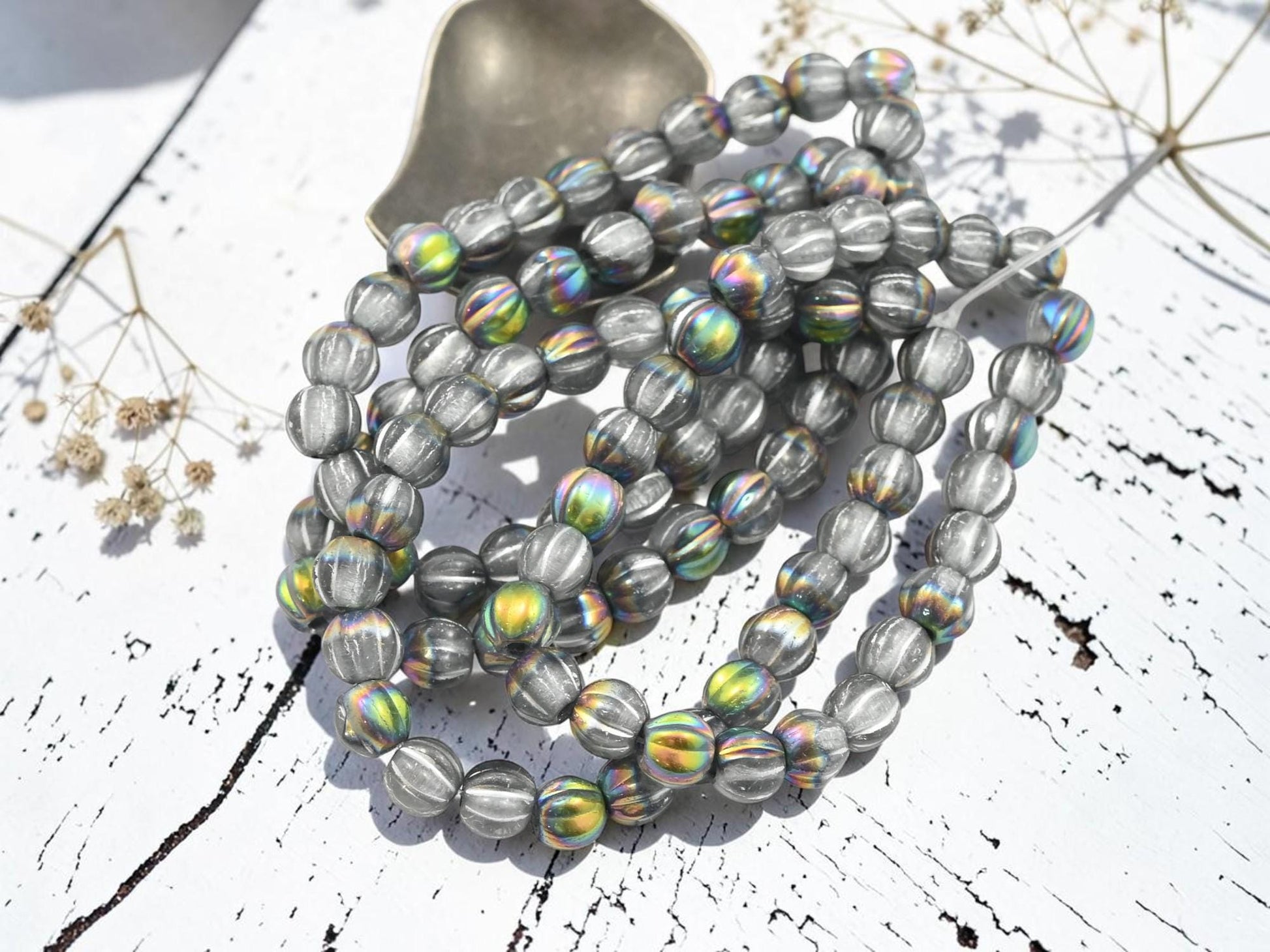 Czech Glass Large Hole Round Melon Beads - Silver Washed Grey Rainbow - 6mm - 25pcs - (4791)