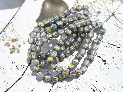 Czech Glass Large Hole Round Melon Beads - Silver Washed Grey Rainbow - 6mm - 25pcs - (4791)