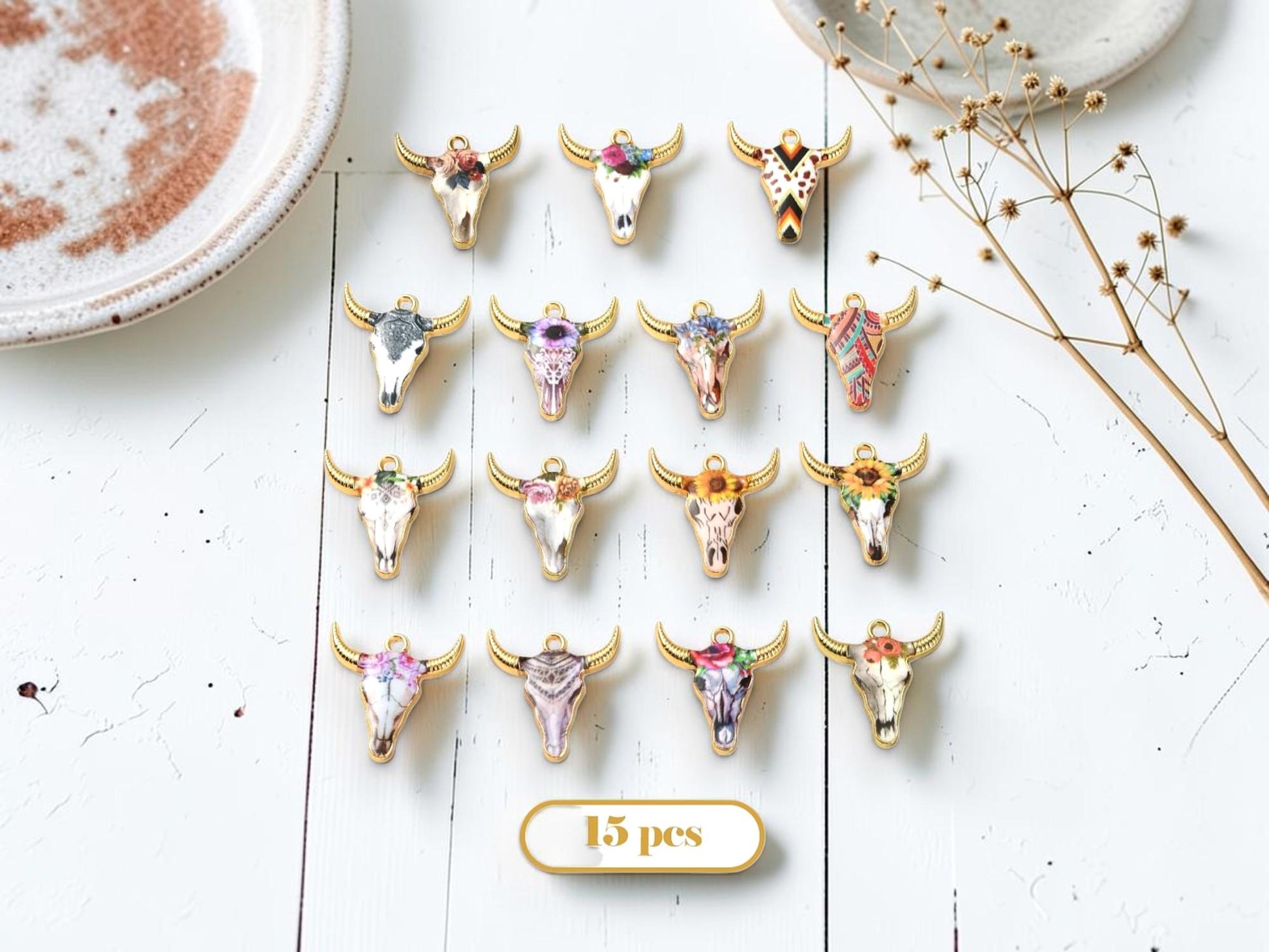 Metal Charms - Bohemian Charms - Cow Charms - Floral Charms - Enamel Charms - Tau Cow - 15pcs - 22x21mm - (5907)