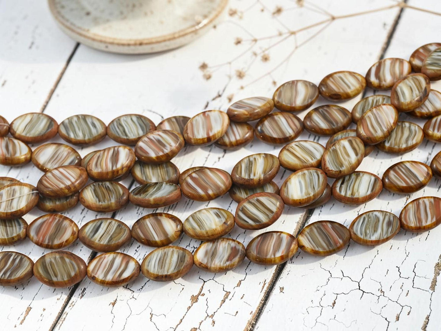 Old Stock Czech Glass Oval Table Cut Beads - Striped Sandstone Picasso - 17x12mm - 12pcs - (B700)