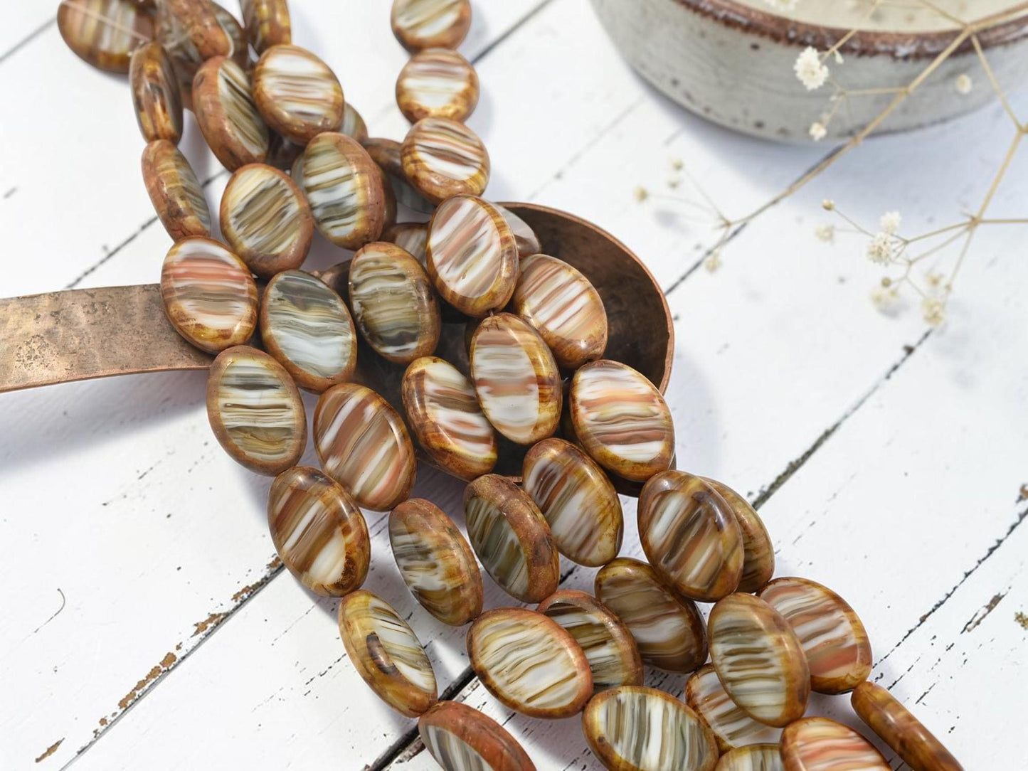 Old Stock Czech Glass Oval Table Cut Beads - Striped Sandstone Picasso - 17x12mm - 12pcs - (B700)