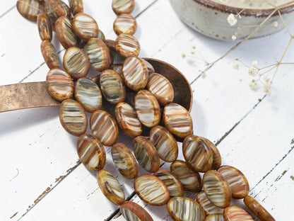 Old Stock Czech Glass Oval Table Cut Beads - Striped Sandstone Picasso - 17x12mm - 12pcs - (B700)