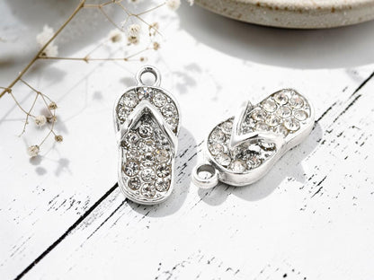 Platinum Silver Rhinestone Flip Flop Sandal Beach Charms - 4pcs - 18x9mm - (5084)