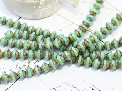 Czech Glass Saturn Beads - Aqua Opaline Picasso - 8x10mm - 19pcs - (A579)